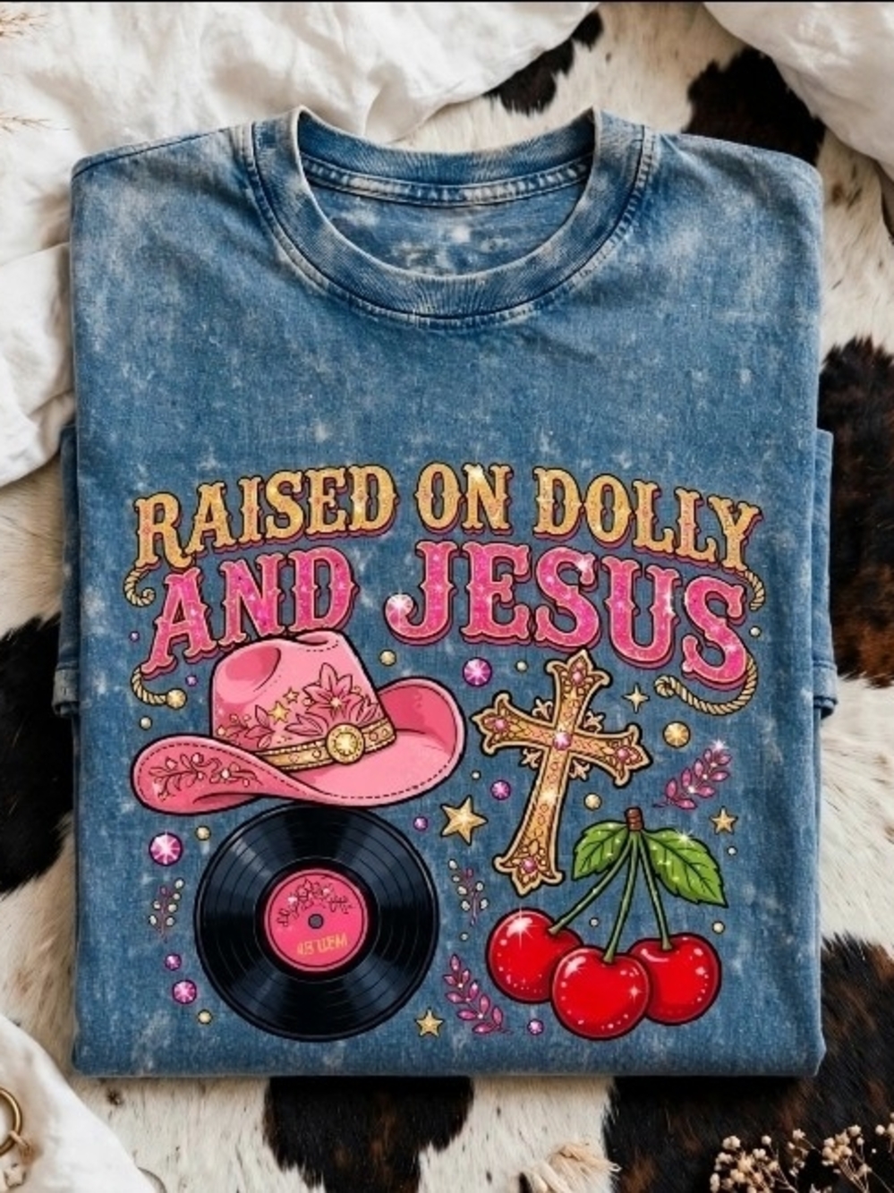 NWT Raised On Dolly And Jesus Shirt Blue Jean Mineral Wash Western Cowgirl